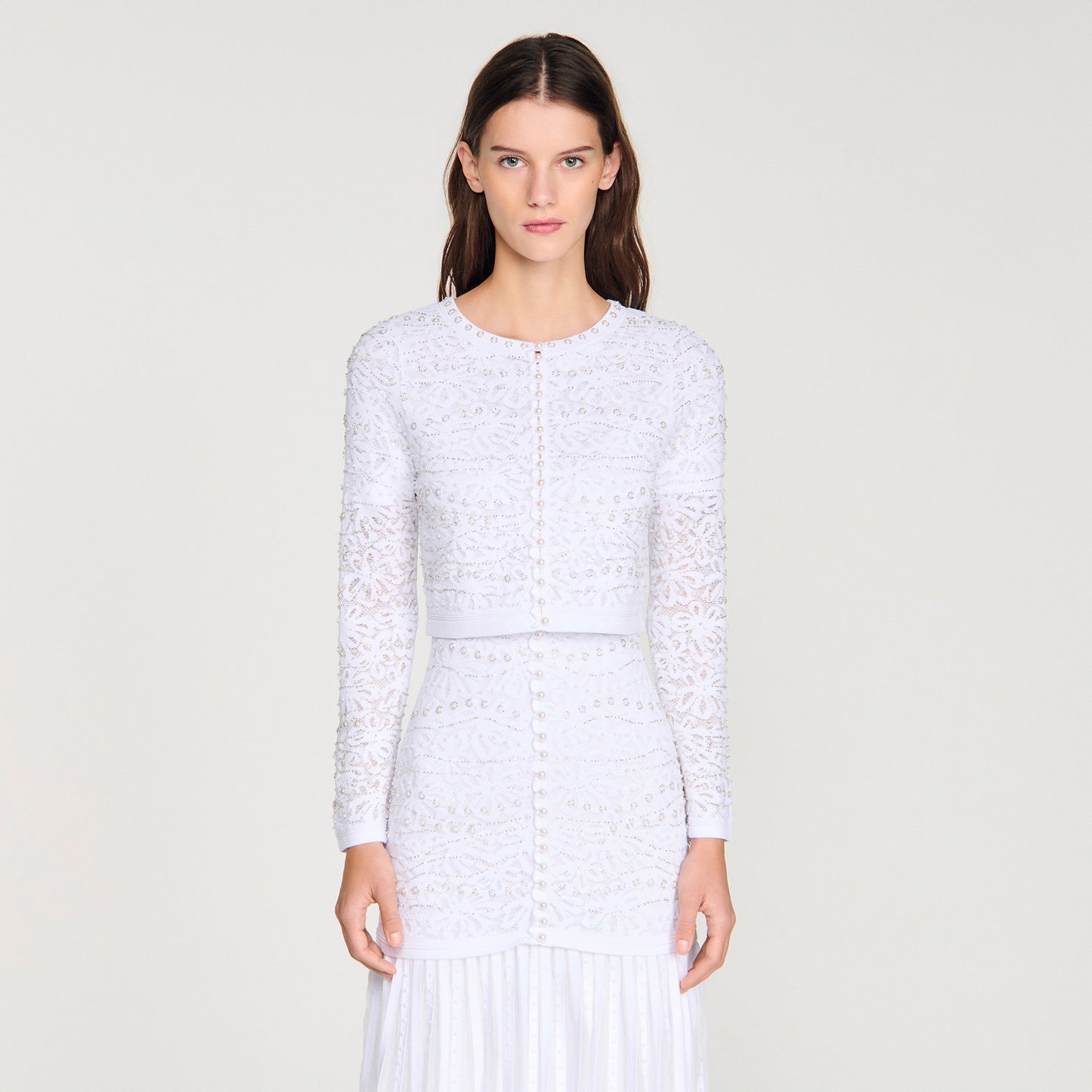 Leva Cropped Pearled Cardigan White