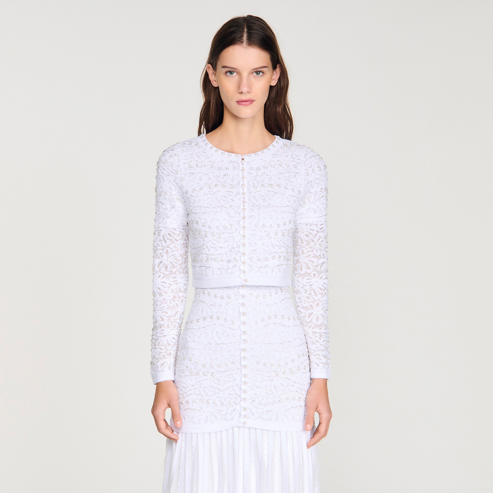 Leva Cropped Pearled Cardigan White