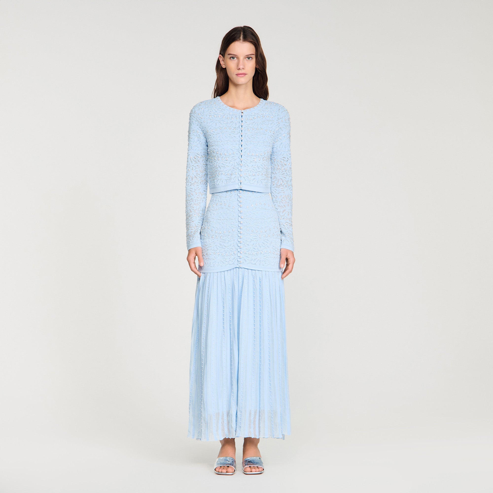 Leva Cropped Pearled Cardigan Sky Blue