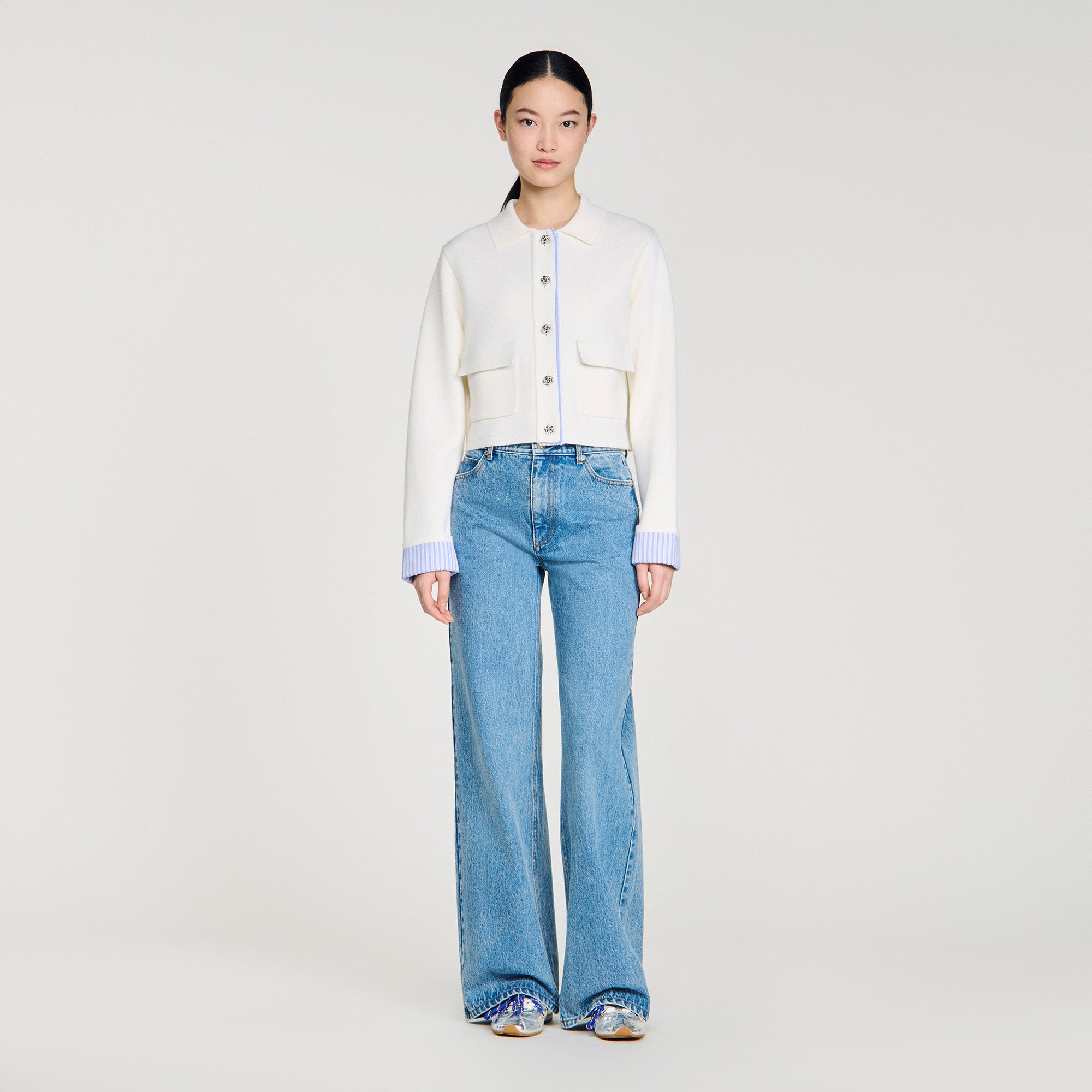 Bruxelles Polo Cardigan With Poplin Details Ecru