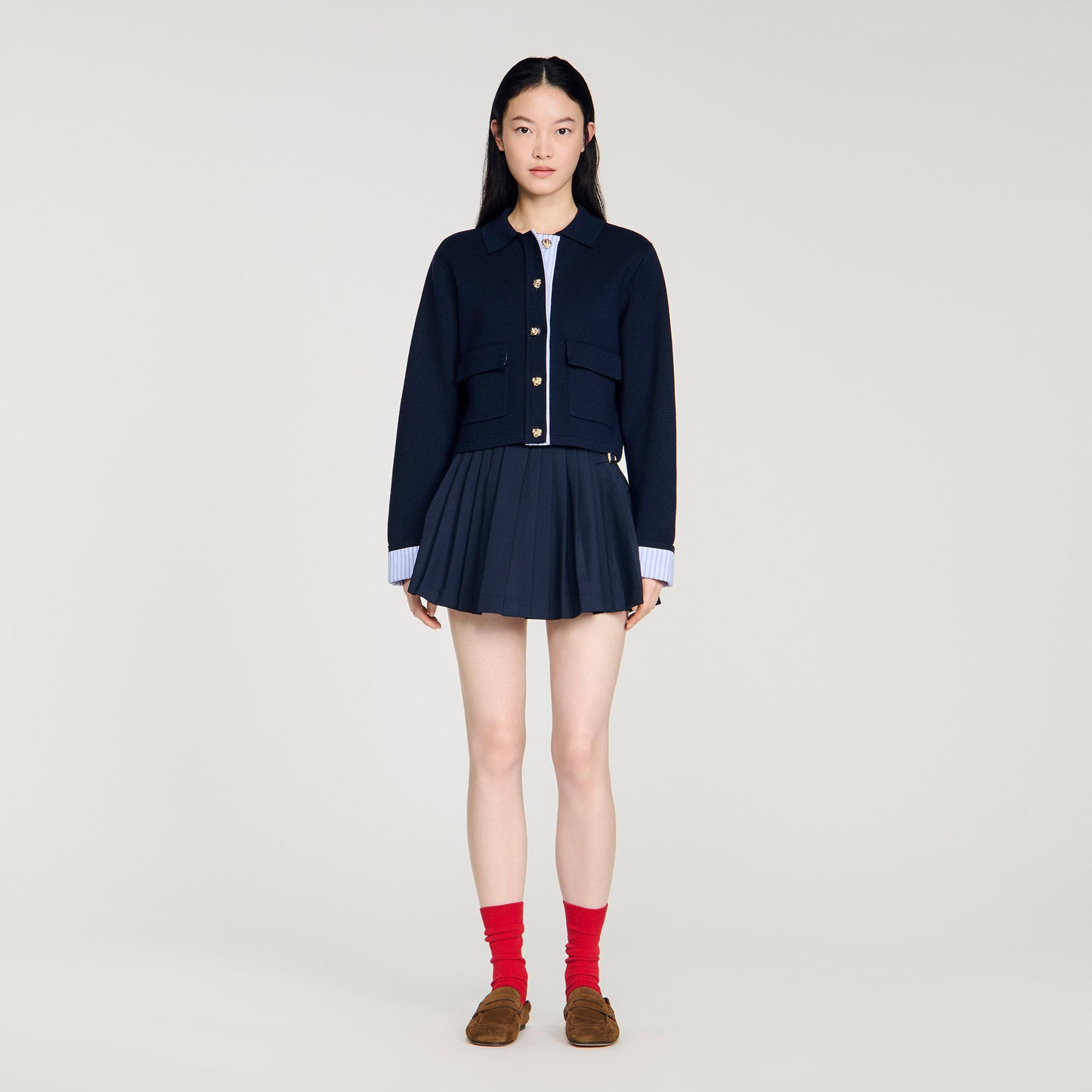 Bruxelles Polo Cardigan With Poplin Details Navy Blue