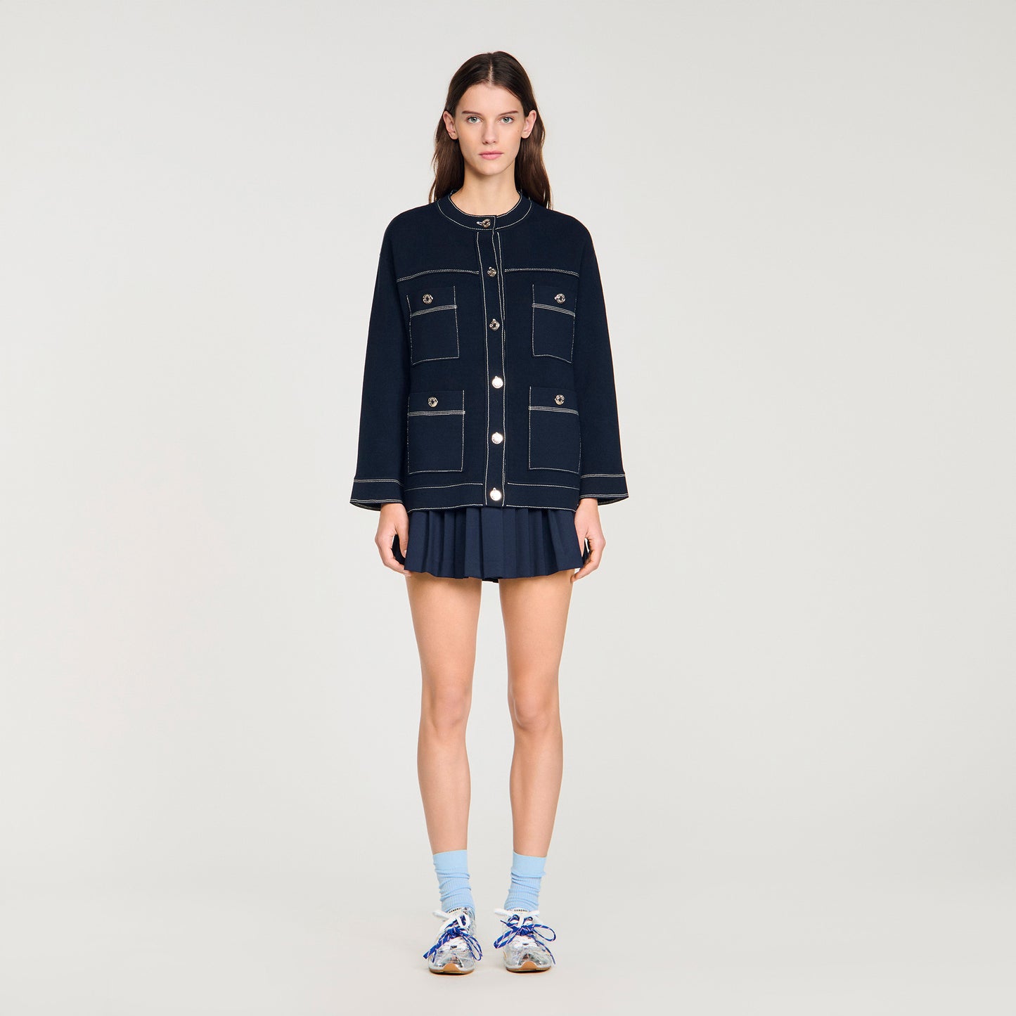 Brooklyn Contrast Stitch Cardigan Navy Blue