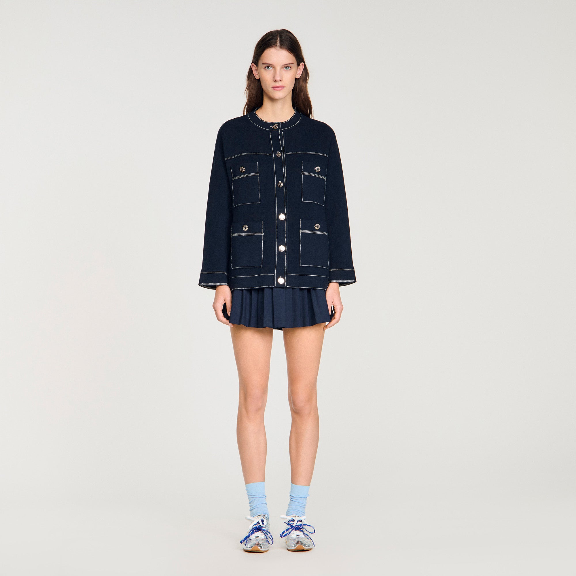 Brooklyn Contrast Stitch Cardigan Navy Blue