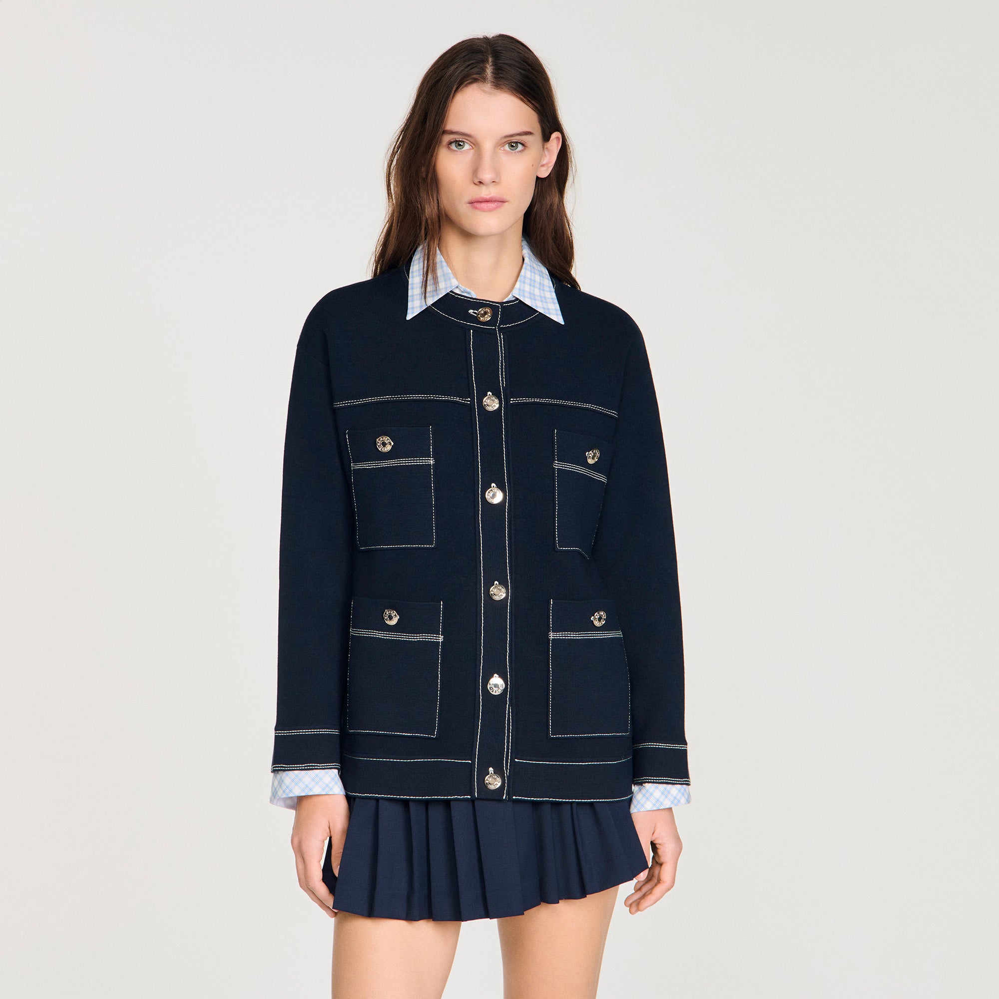 Brooklyn Contrast Stitch Cardigan Navy Blue