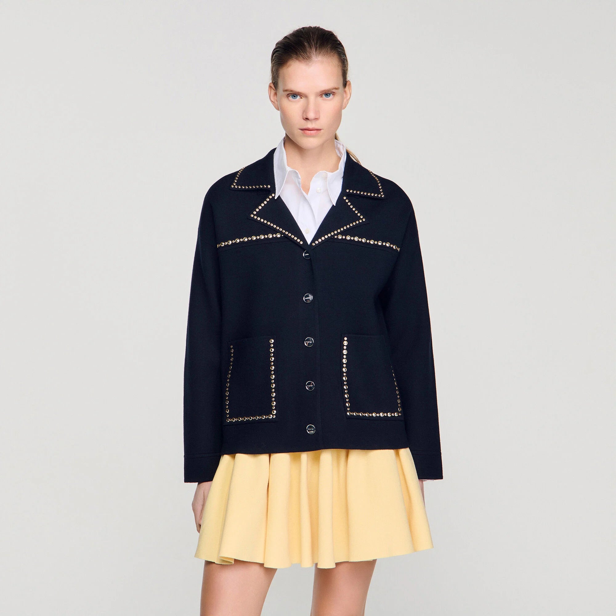 Truman Studded Blazer Collar Cardigan Navy Blue