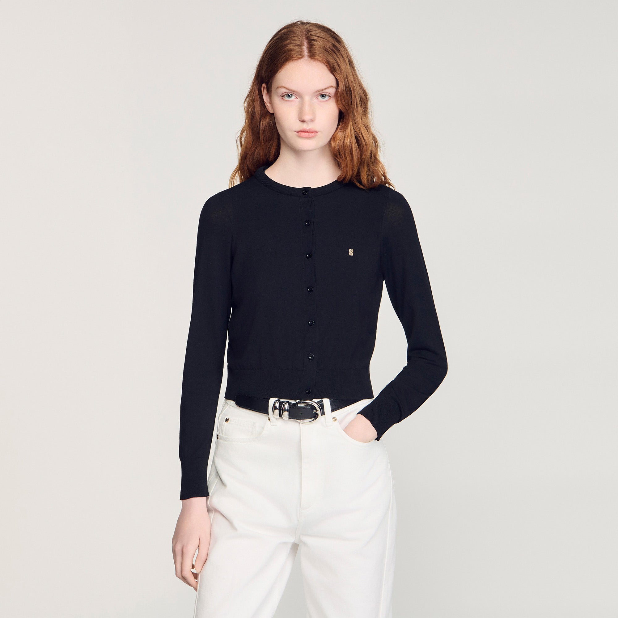 Tim Padded Round Neck Cropped Cardigan Black