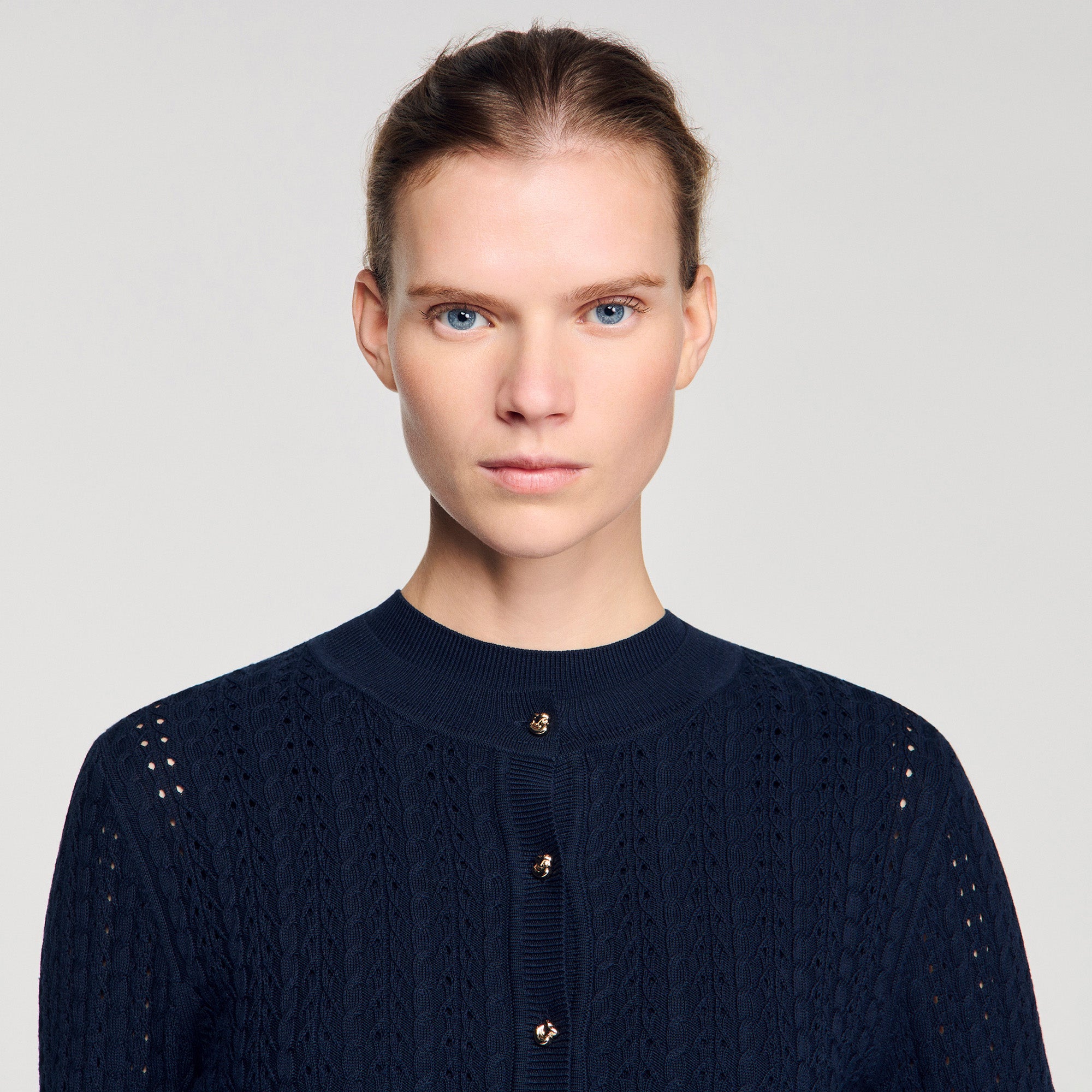 Flavio Cropped Textured Knit Cardigan Navy Blue