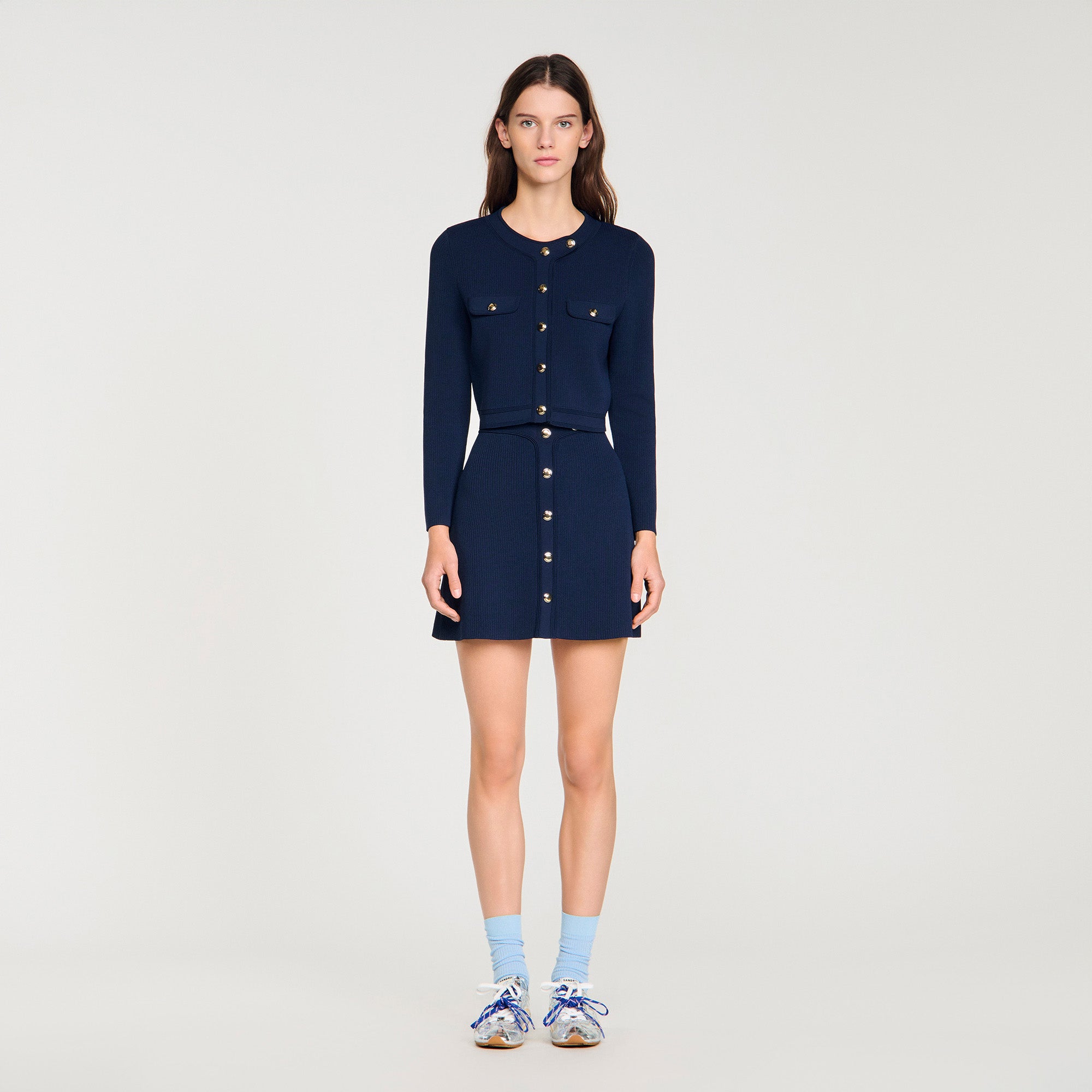 Claudie Cropped Rib Knit Cardigan Navy Blue