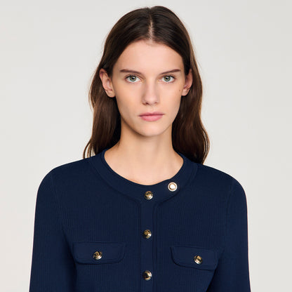 Claudie Cropped Rib Knit Cardigan Navy Blue