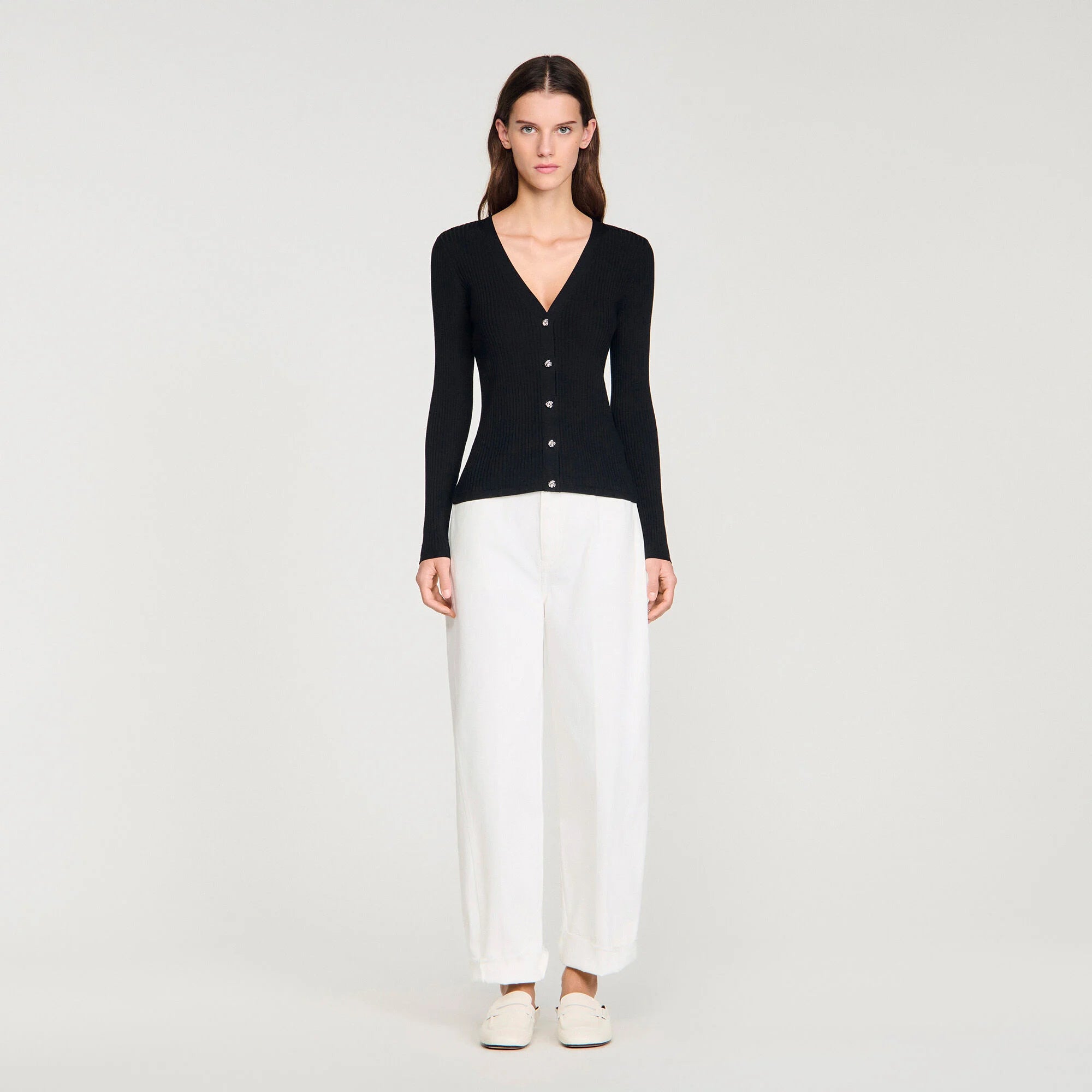 Gabie Ribbed Cardigan With Fancy Buttons Black