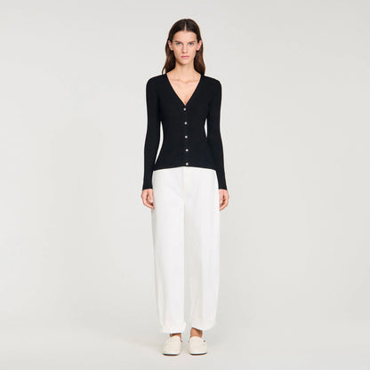 Gabie Ribbed Cardigan With Fancy Buttons Black