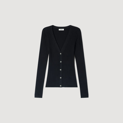 Gabie Ribbed Cardigan With Fancy Buttons Black