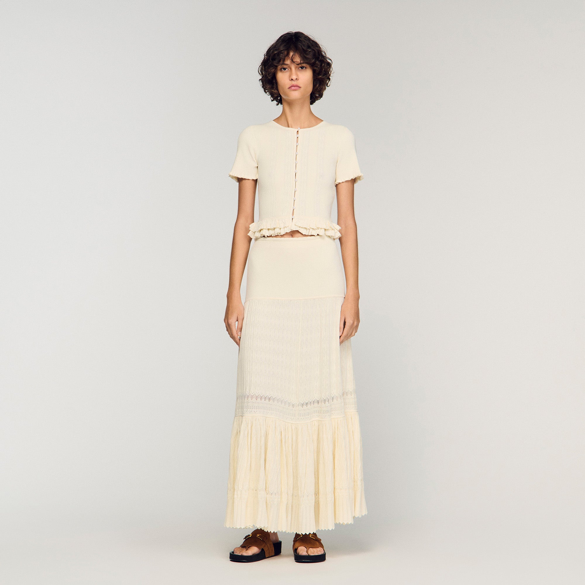 Ruffled Knit Cardigan Ecru