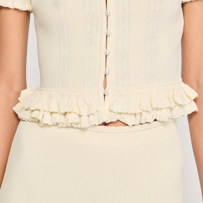 Ruffled Knit Cardigan Ecru