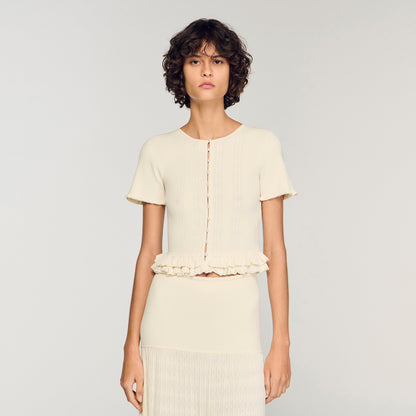 Ruffled Knit Cardigan Ecru