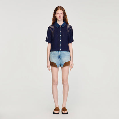 Marea Crochet And Denim Cardigan Navy Blue