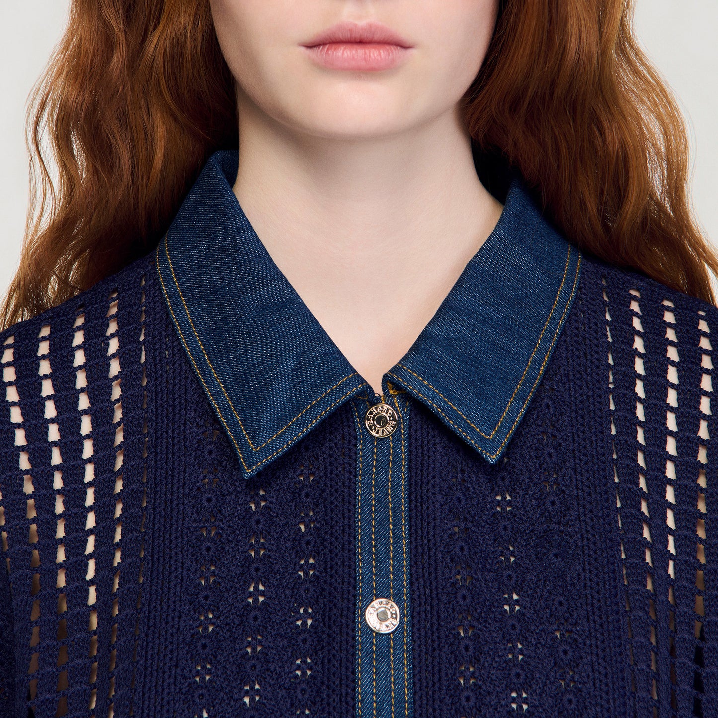 Marea Crochet And Denim Cardigan Navy Blue