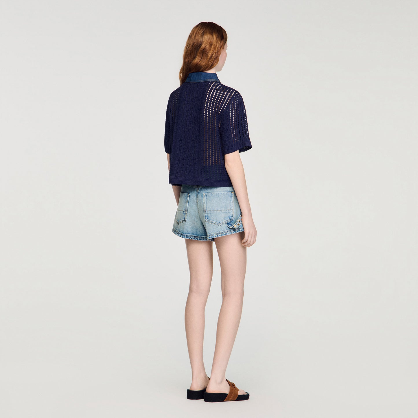 Marea Crochet And Denim Cardigan Navy Blue