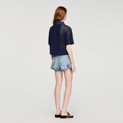 Marea Crochet And Denim Cardigan Navy Blue