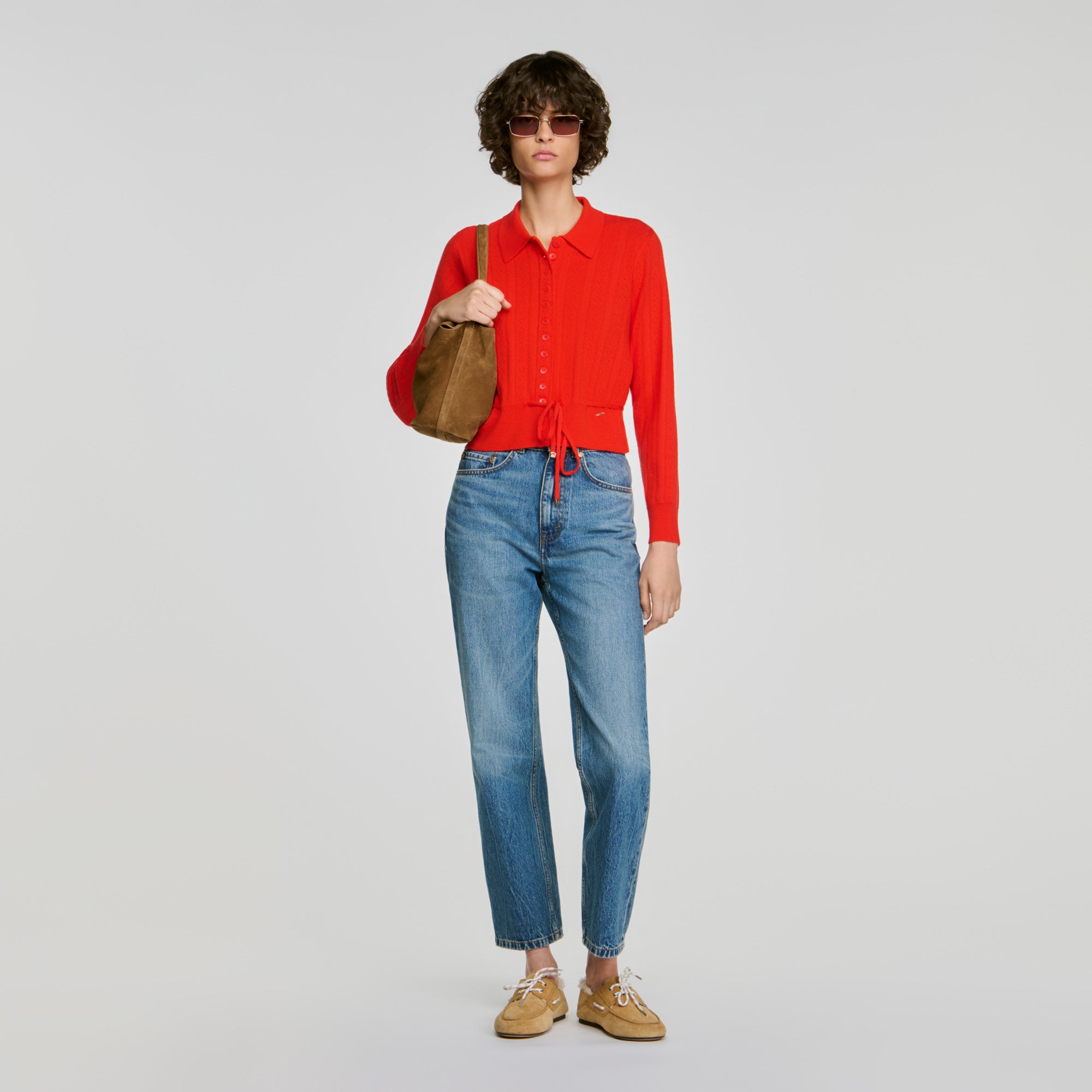 Lotus Pointelle knit cardigan Red