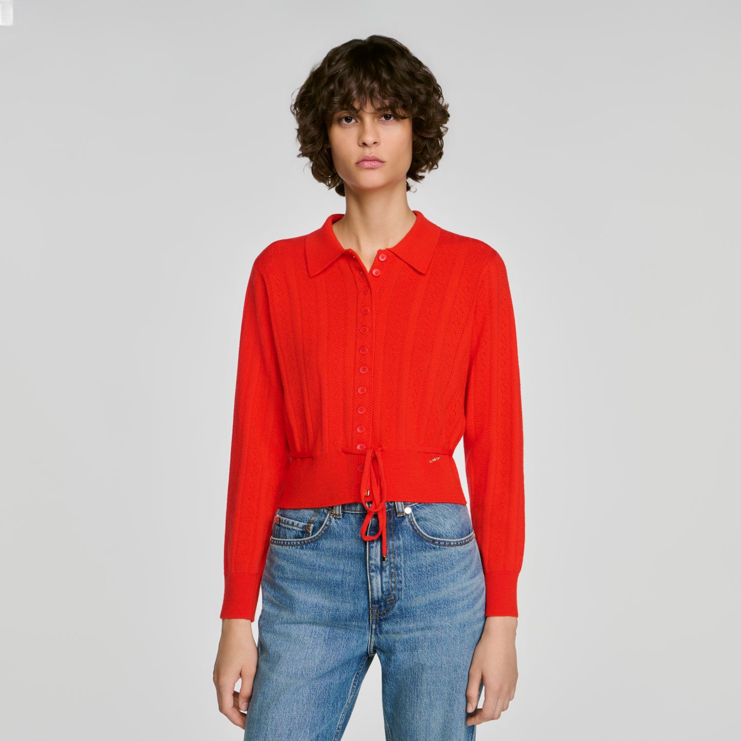 Lotus Pointelle knit cardigan Red