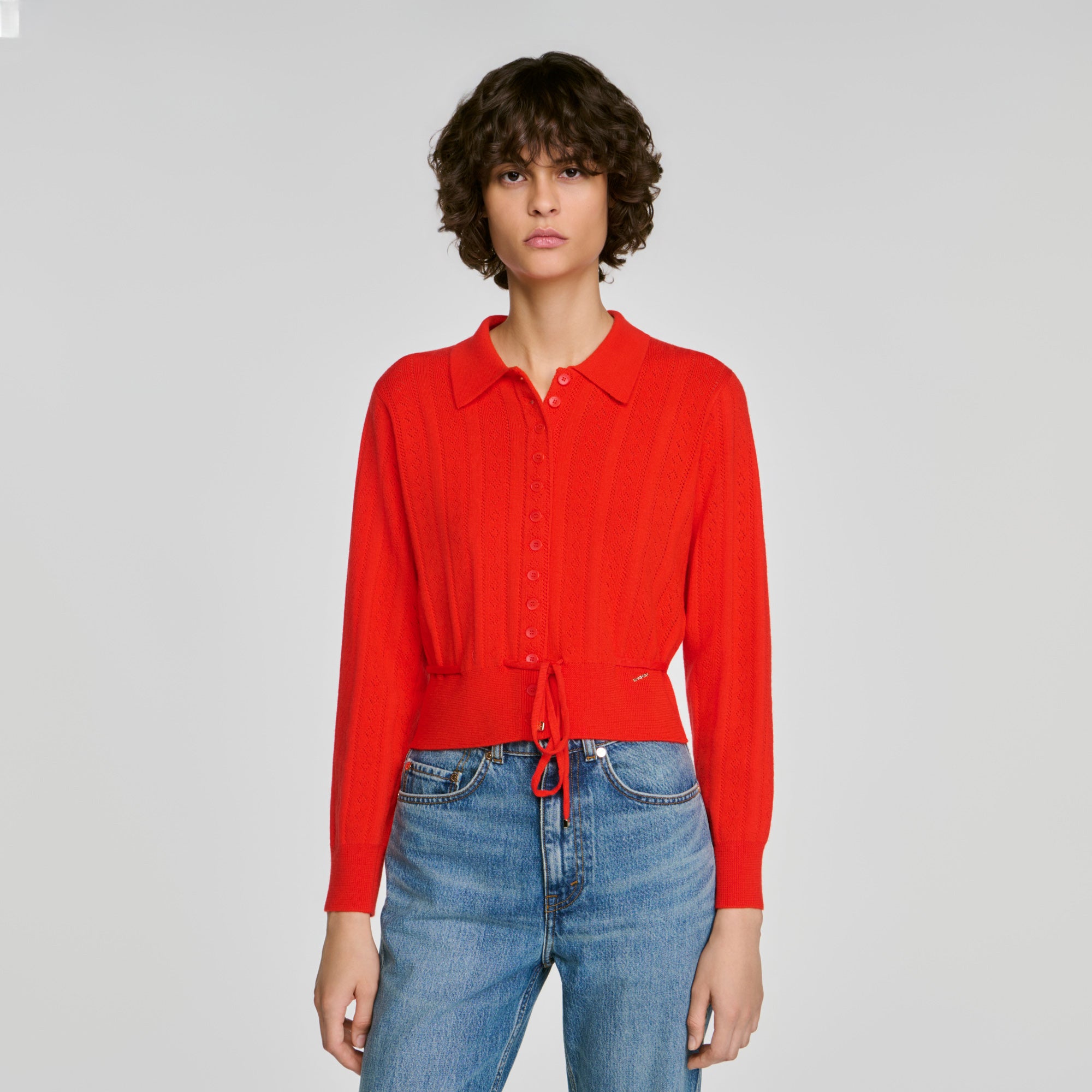 Lotus Pointelle knit cardigan Red