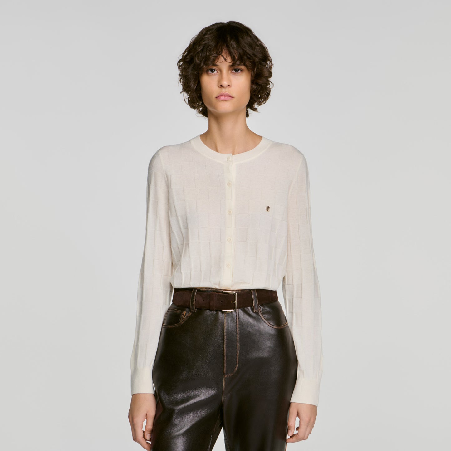 Aurel Cropped check stitch cardigan Ecru