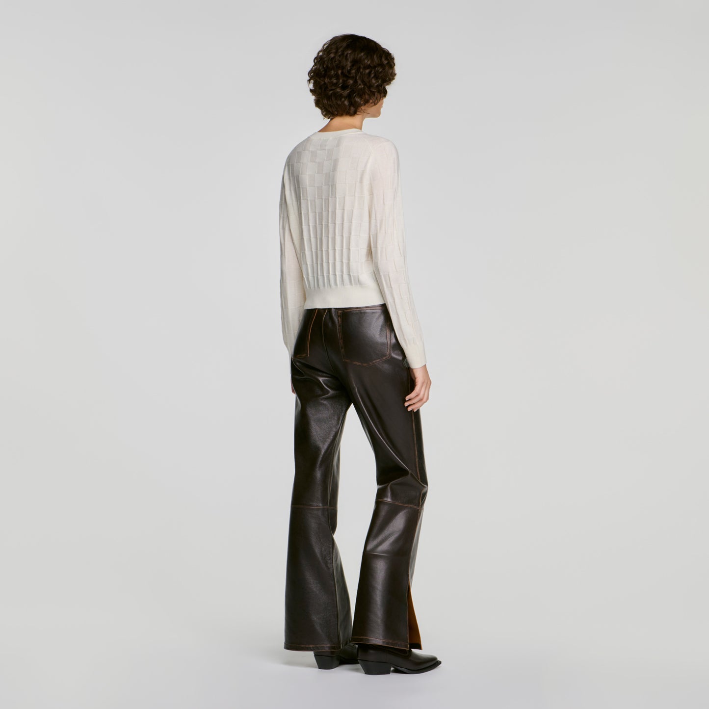 Aurel Cropped check stitch cardigan Ecru