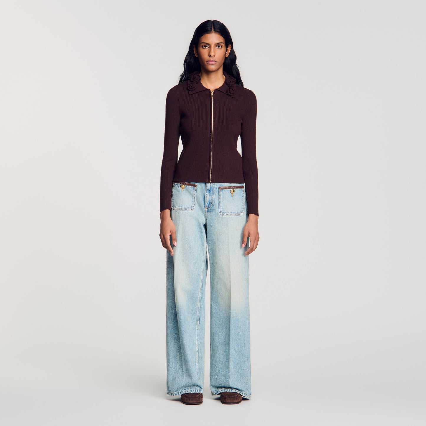 Zora Cardigan with floral collar Brown