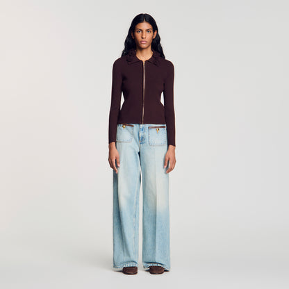 Zora Cardigan with floral collar Brown