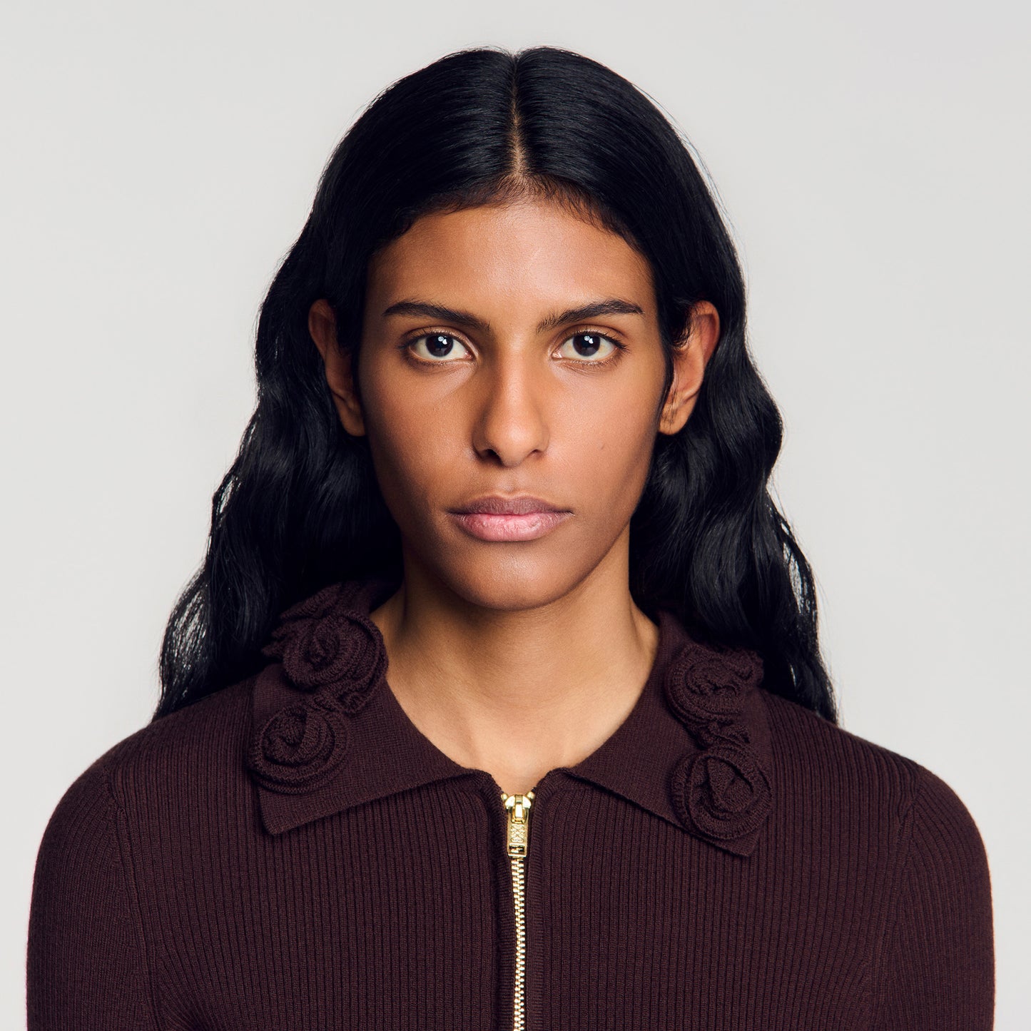 Zora Cardigan with floral collar Brown