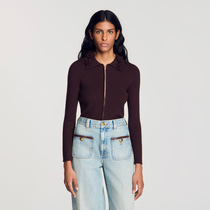 Zora Cardigan with floral collar Brown