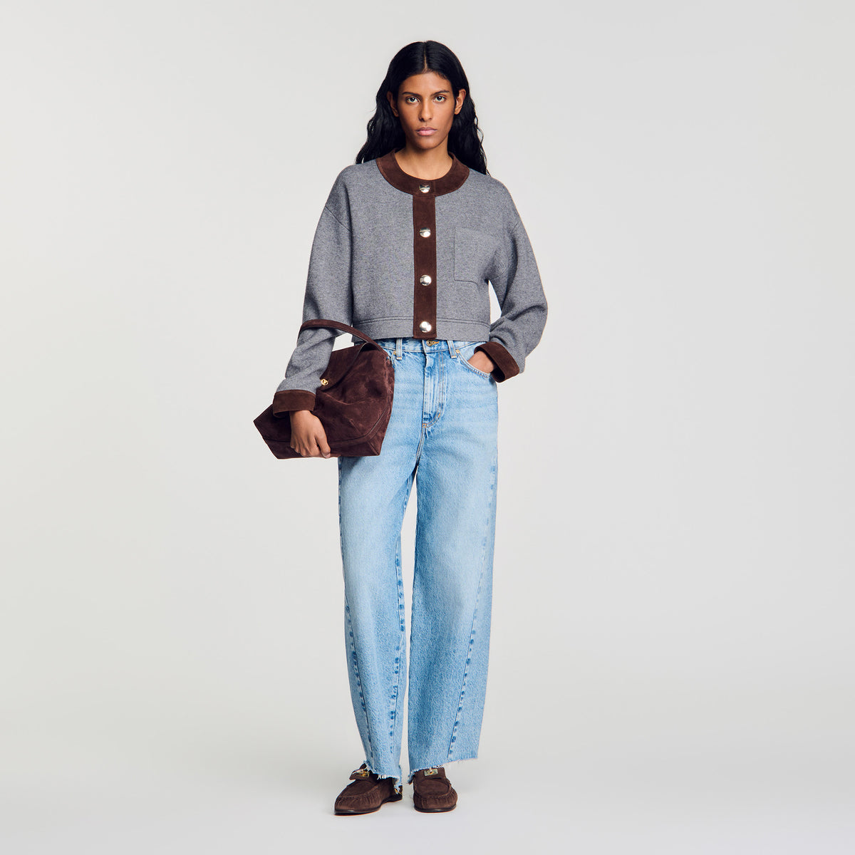 Parker Cardigan with suede panels Grey