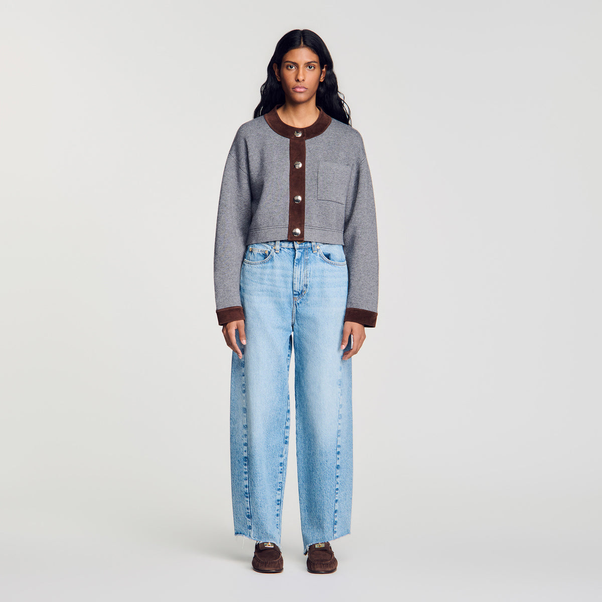 Parker Cardigan with suede panels Grey