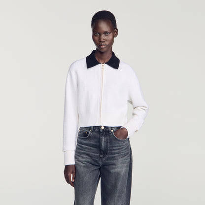Maya Cable knit velvet collar cardigan Ecru