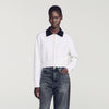 Maya Cable knit velvet collar cardigan Ecru