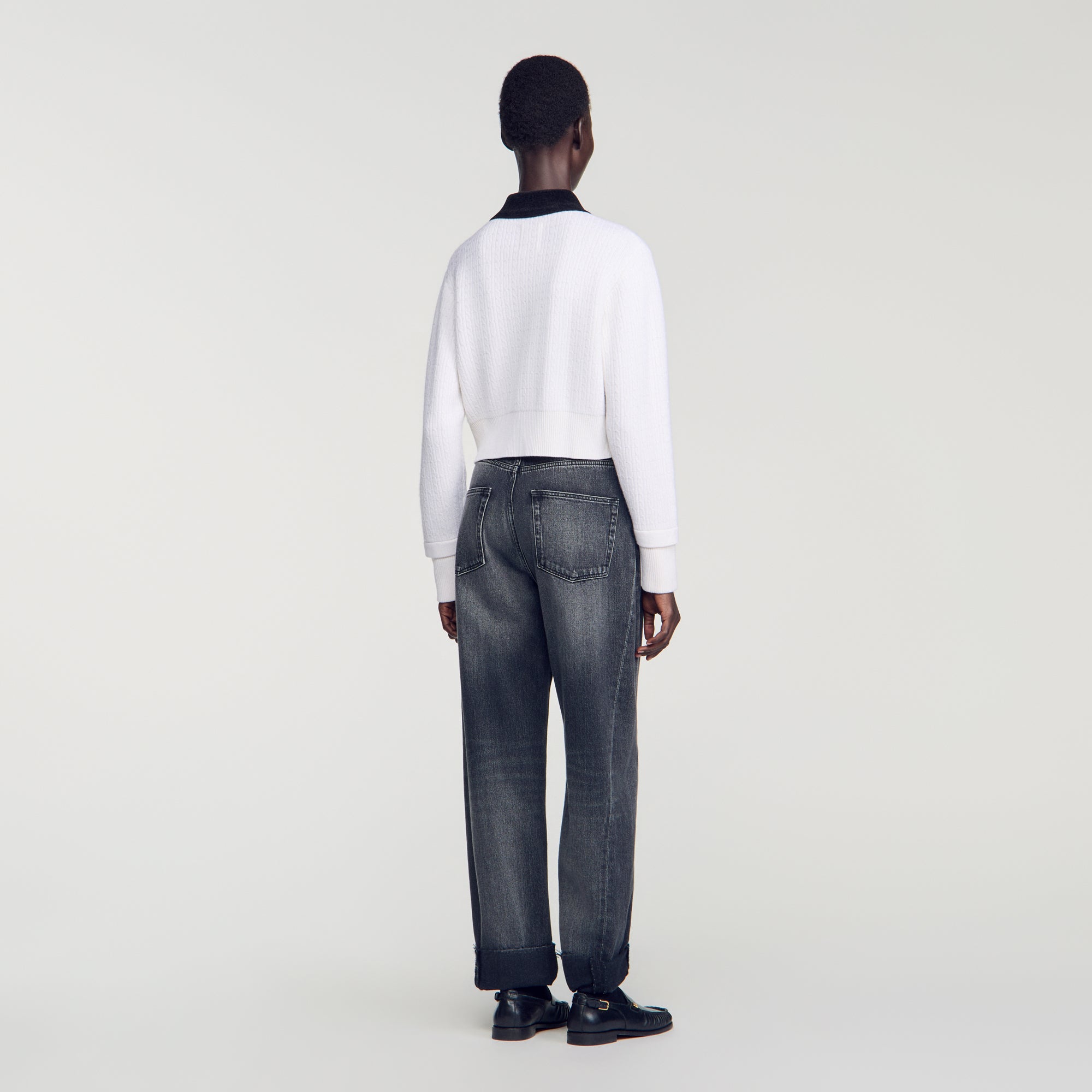 Maya Cable knit velvet collar cardigan Ecru