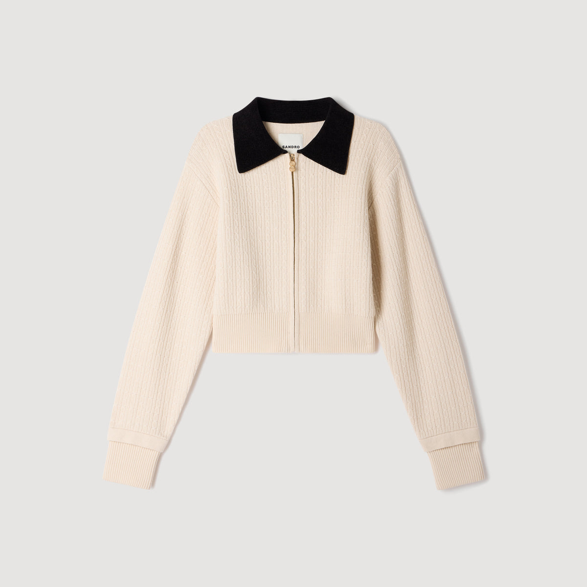 Maya Cable knit velvet collar cardigan Ecru