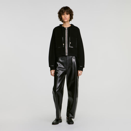 Arlo Hooded cardigan, leather details Black