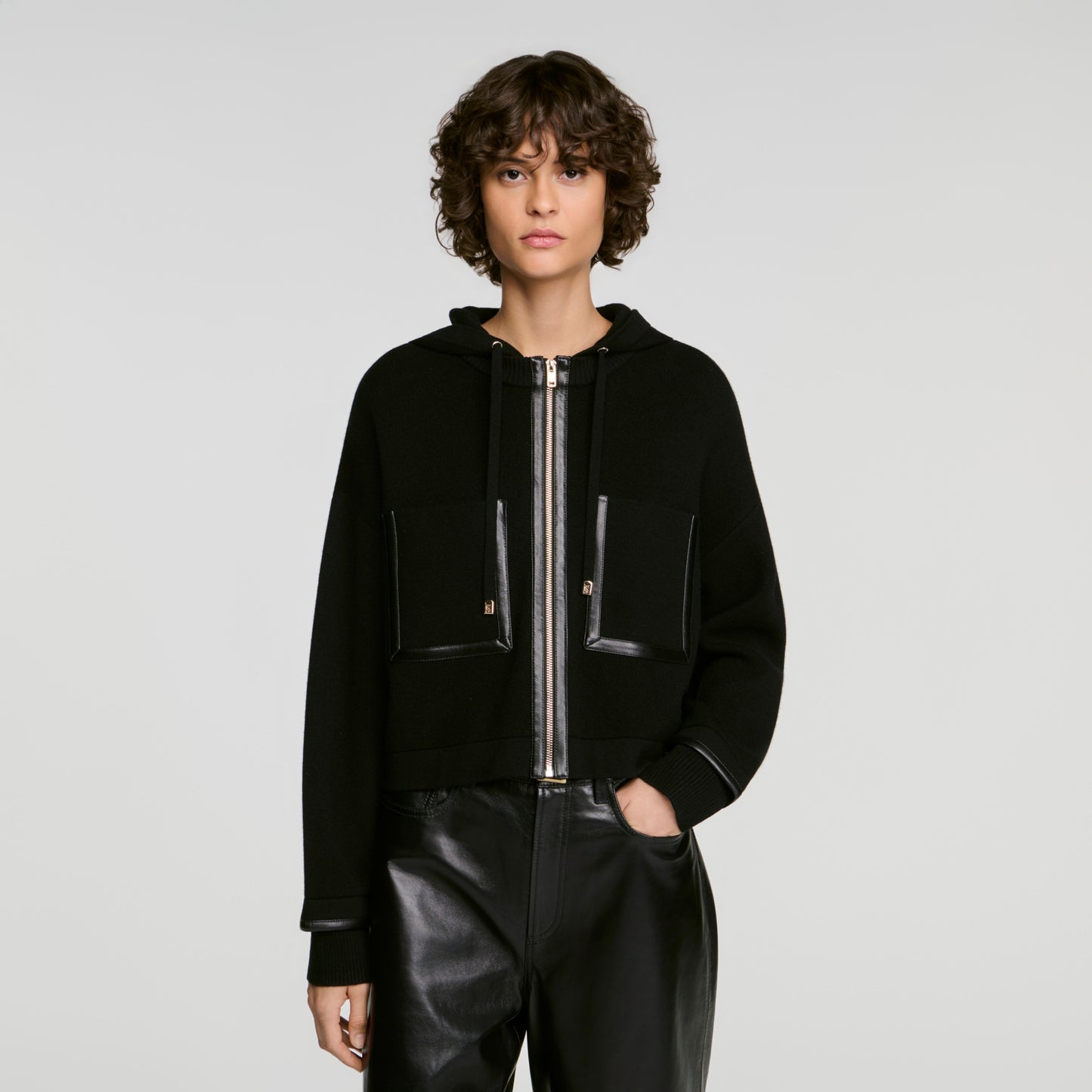 Arlo Hooded cardigan, leather details Black