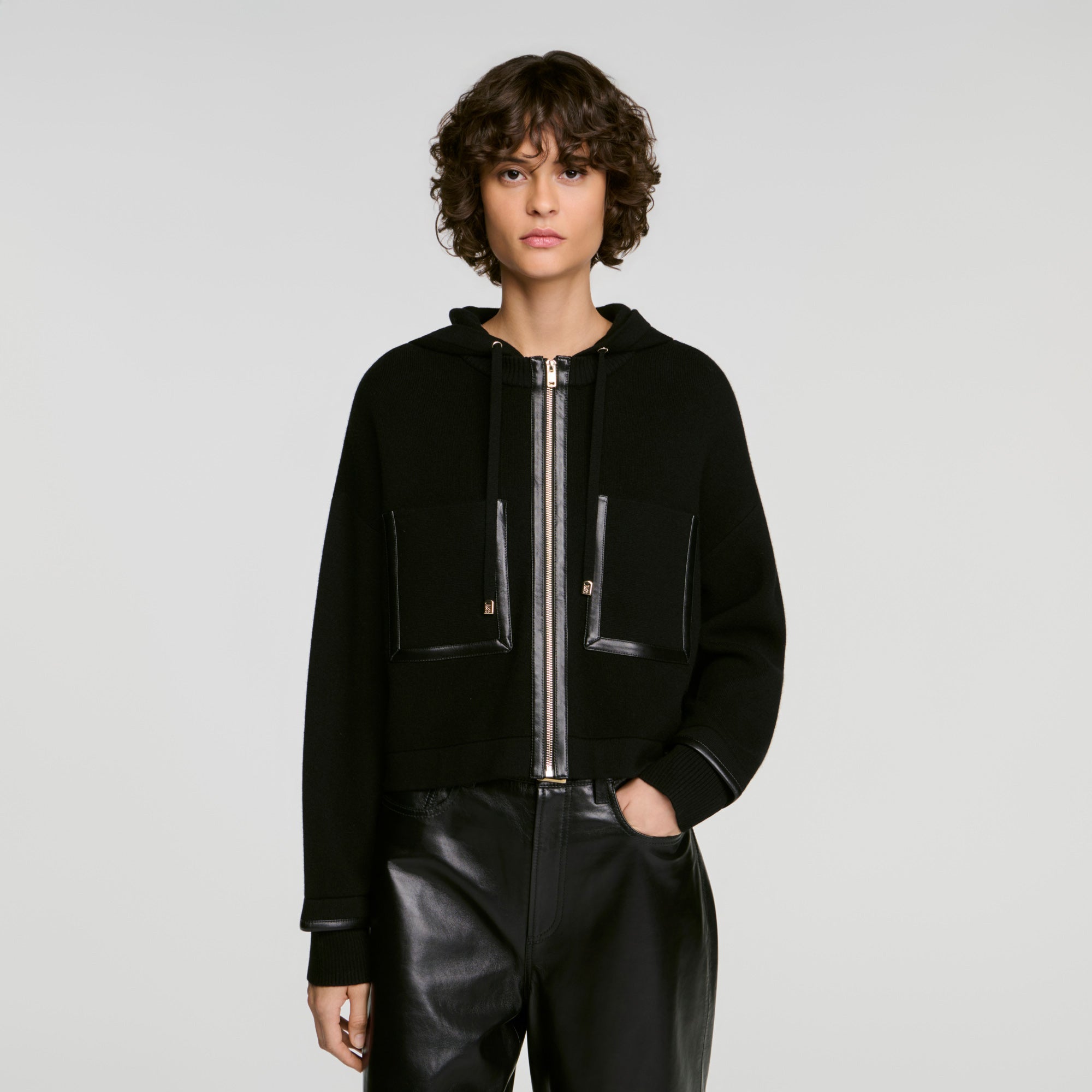 Arlo Hooded cardigan, leather details Black