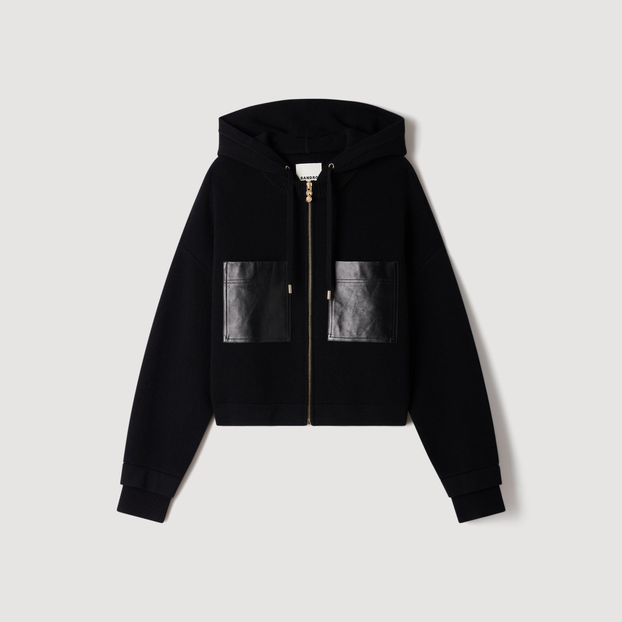 Arlo Hooded cardigan, leather details Black