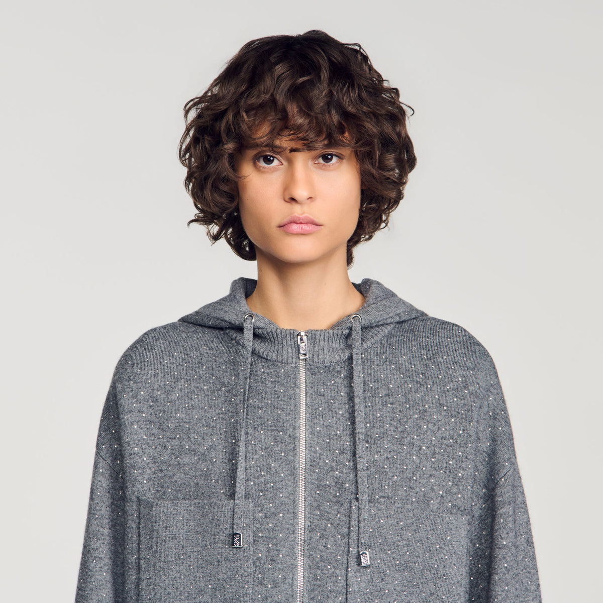 Luce Hooded Rhinestone Cardigan Grey