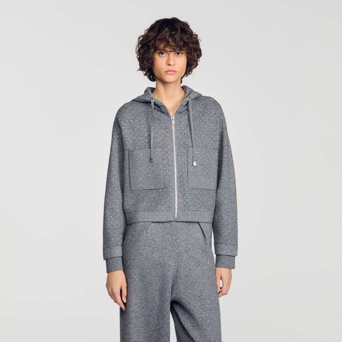 Luce Hooded Rhinestone Cardigan Grey
