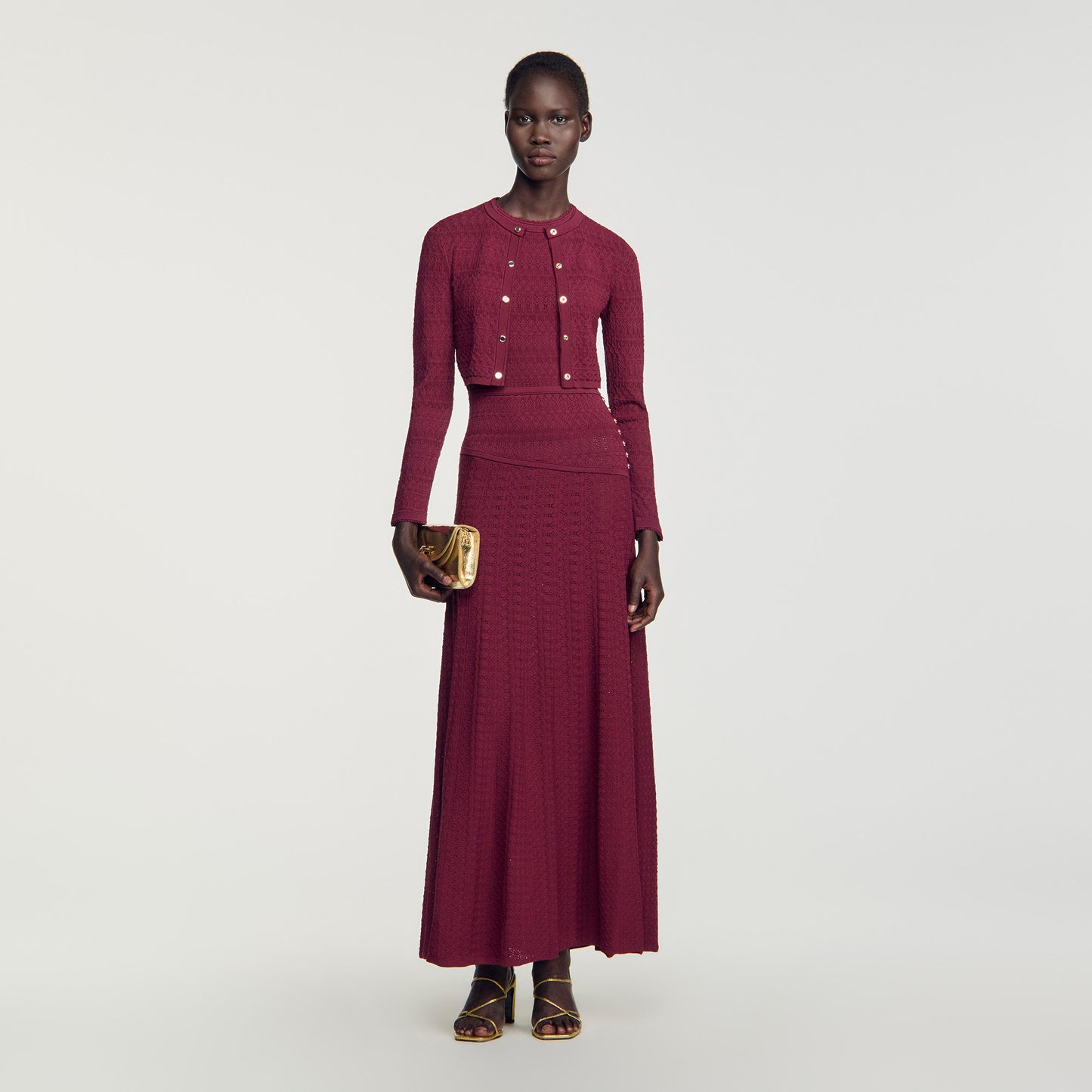 Sam Cropped pointelle knit cardigan Bordeaux