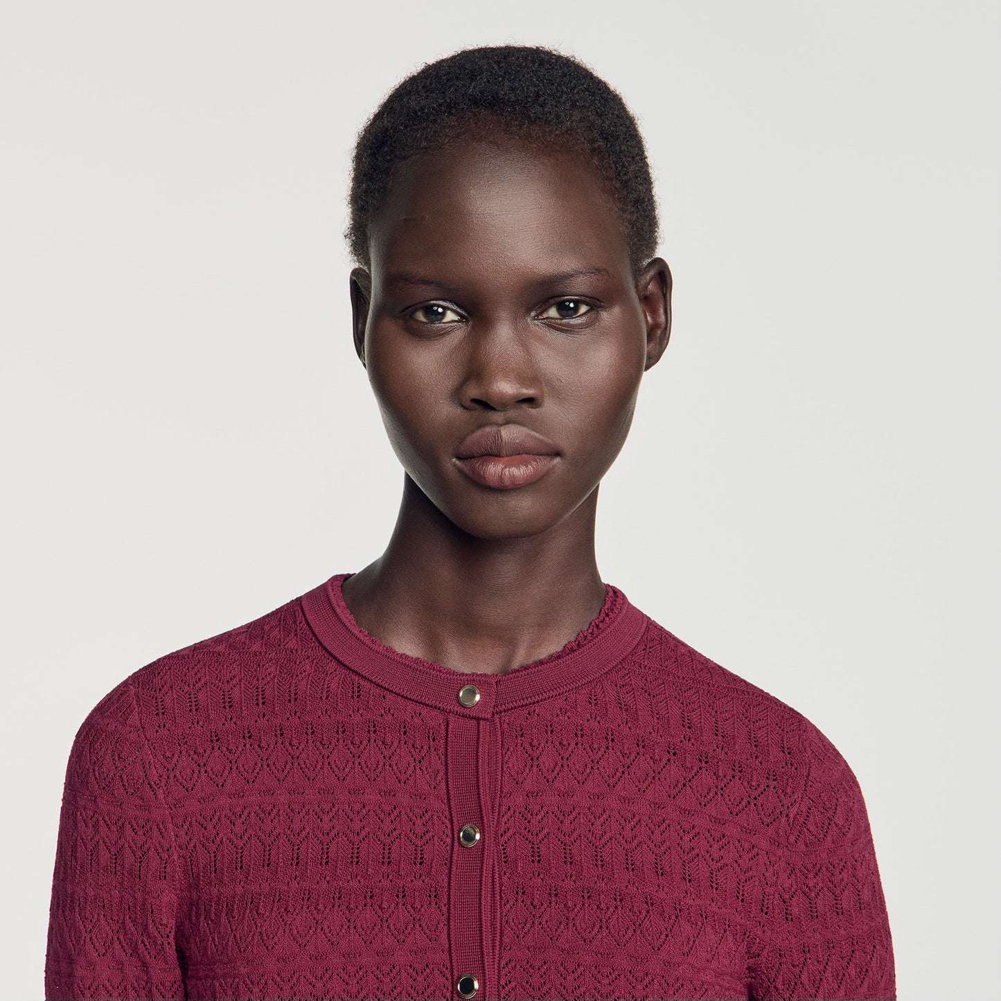 Sam Cropped pointelle knit cardigan Bordeaux