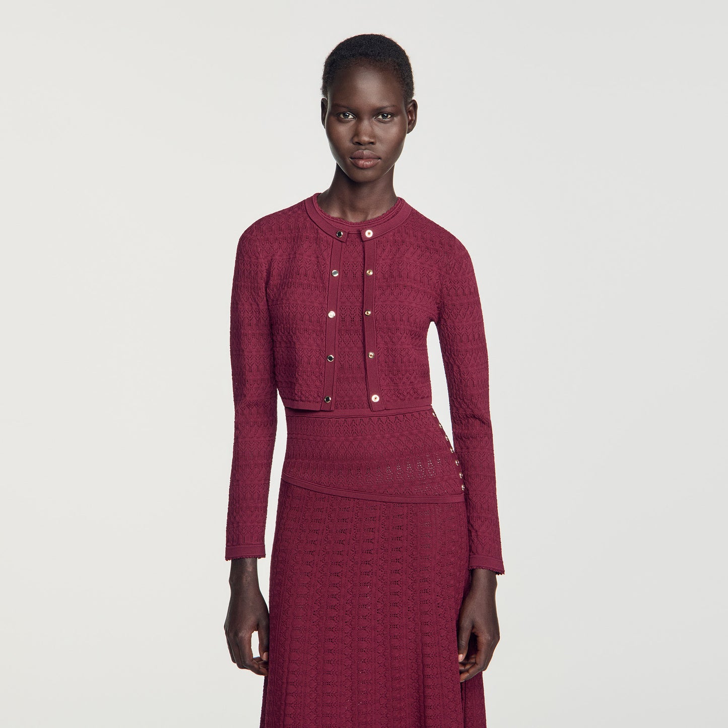 Sam Cropped pointelle knit cardigan Bordeaux