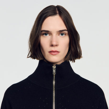 Lunaire Standing Collar Strass Cardigan Black