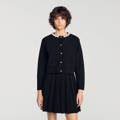 Aubrey Cardigan with pearl flower collar Black