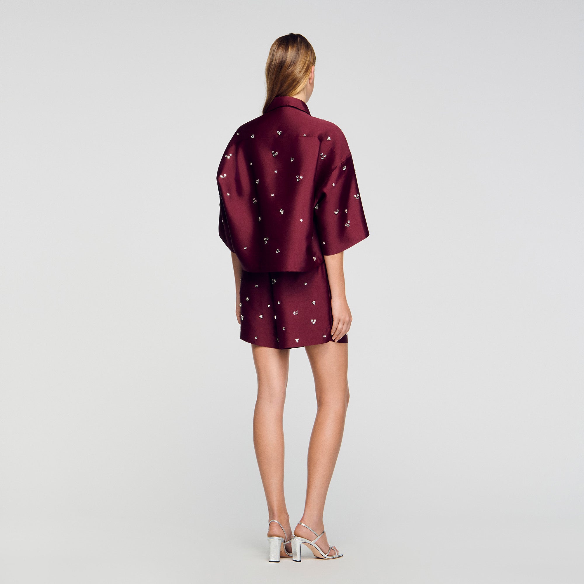 Onyx Rhinestone Wide-Leg Shorts Bordeaux